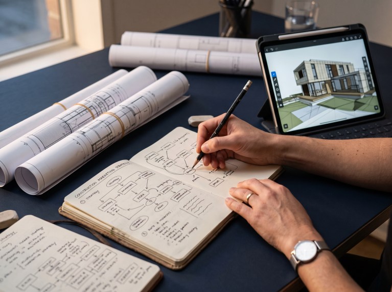 Strategy flowchart beside architectural drawings
