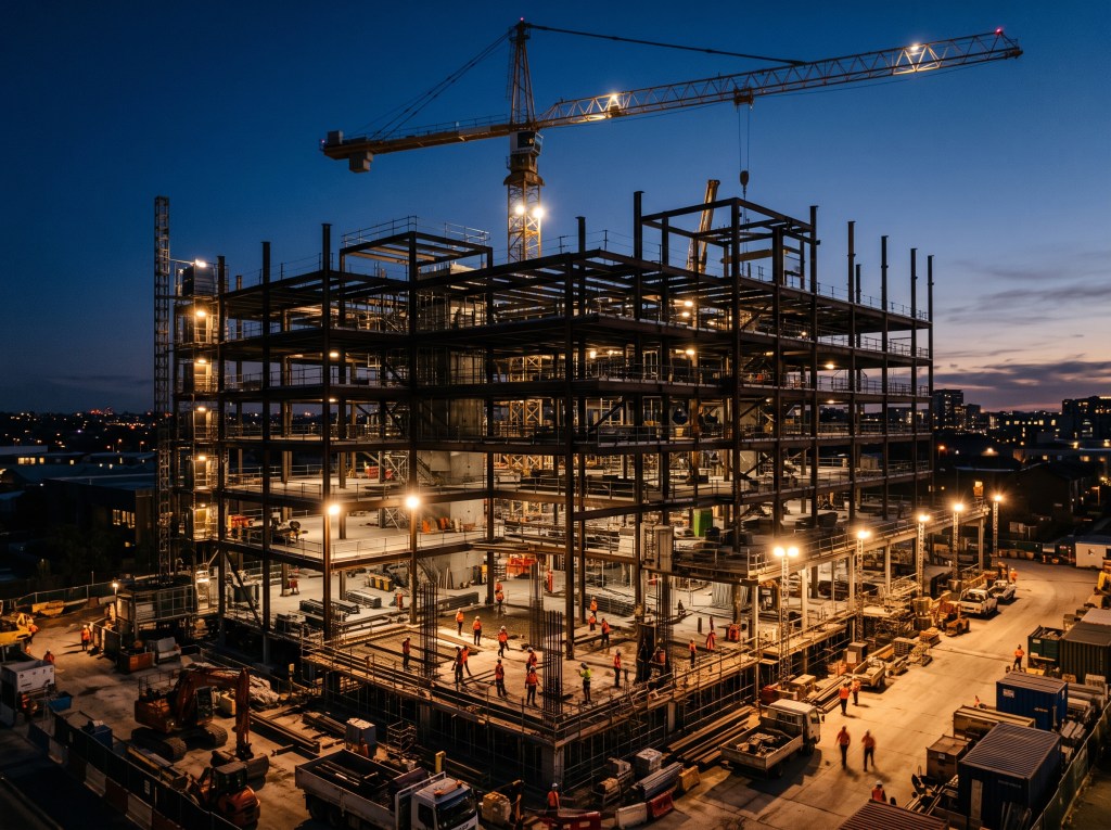 Commercial construction site at dusk with a steel frame and tower crane